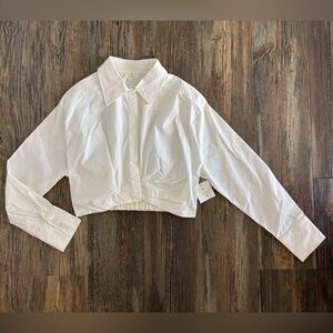 NWT P.Cill Long Sleeve Collared Crop Top Womens Lg Off-White V-Neck Layering